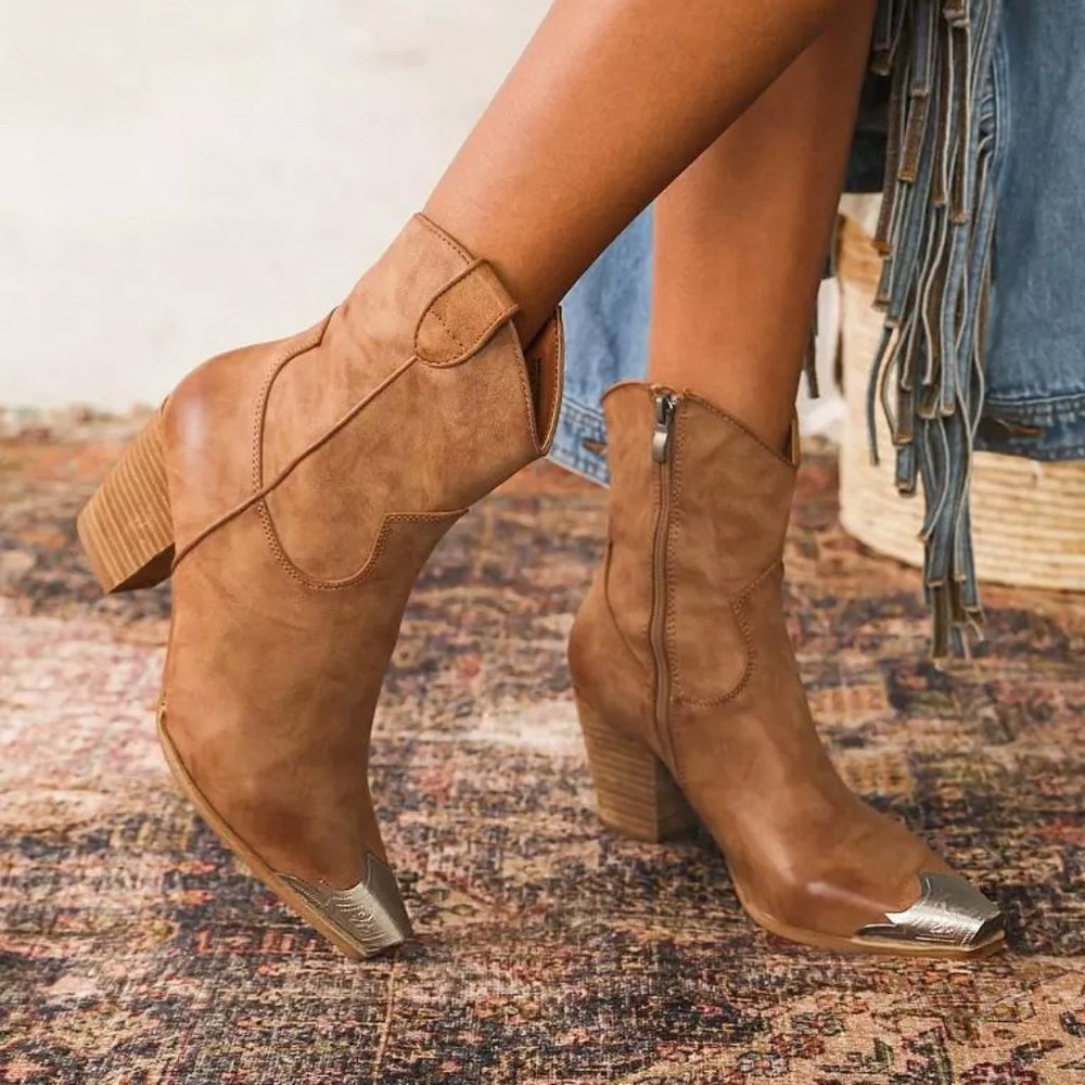 NEW Distressed Nude PU Leather Metal Toe Block Heel Cowgirl Western Ankle Boots - Picture 15 of 15